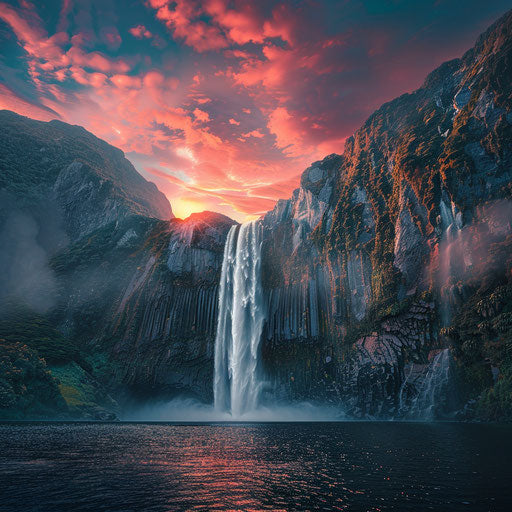 Epic waterfall with towering cliffs and vibrant sky