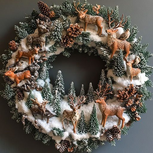 Wildlife wreath with forest animal figurines, fake snow, and tiny pine trees.