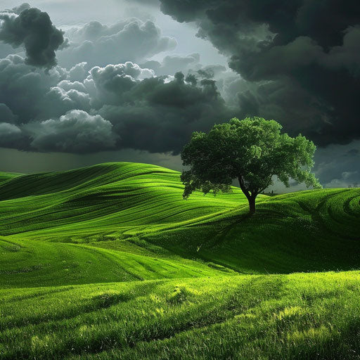Green field with tree under storm, zen romantic style
