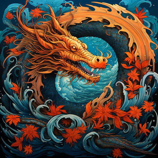 Dragon canvas print, reefwave style, highly detailed illustrations, dark cyan and orange, cottagepunk