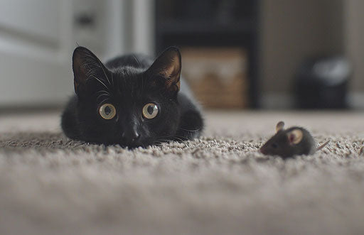 A black cat on a carpet looking at a mouse, exaggerated facial features