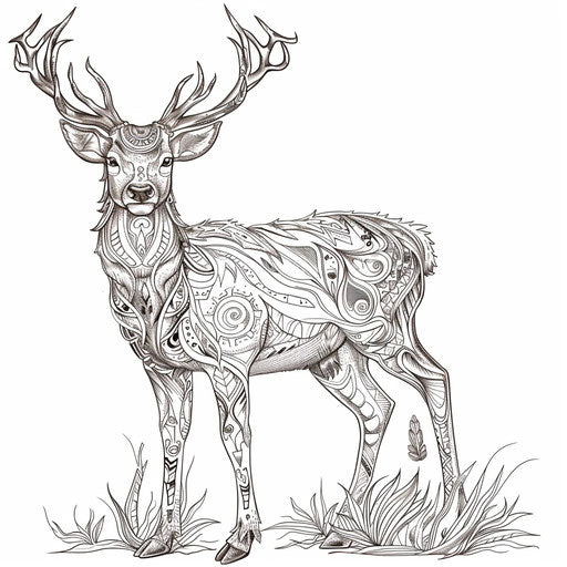 Deer with tribal patterns, coloring book page