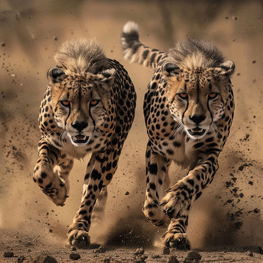 Thrilling race of two cheetahs competing or cooperating