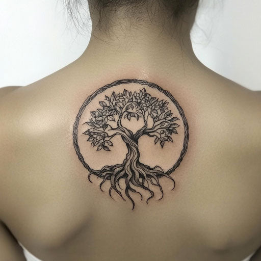 Flat tattoo sketch with tree of life and roots in dark ink