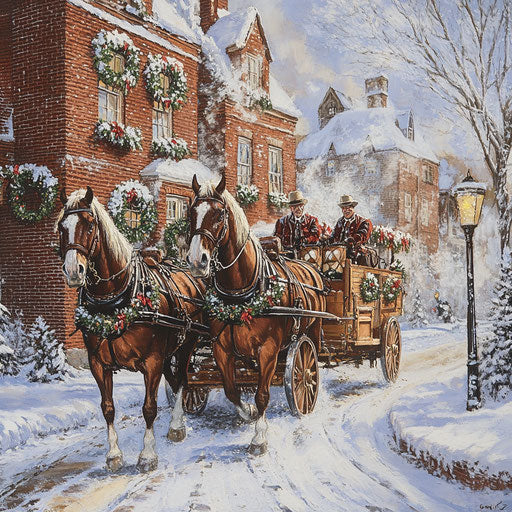 Draft horses pulling a beer wagon in a historic district