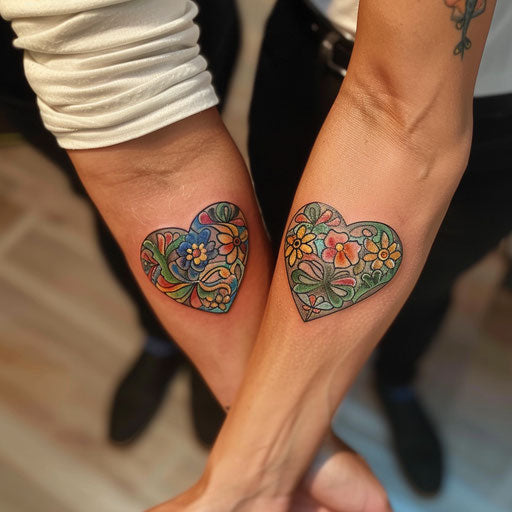Matching tattoos for friends of a heart, in the style of Ed Hardy