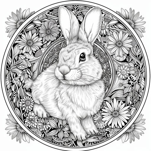 Detailed mandala with Easter bunny at center, surrounded by intricate floral patterns. Coloring book page