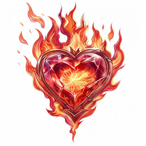 Dramatic tattoo sketch of a ruby heart engulfed in flames, red and orange