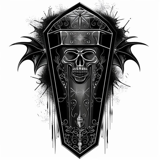 Bold flat tattoo sketch of a coffin with Gothic motifs