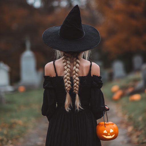 Witch in an autumn graveyard with a glowing pumpkin