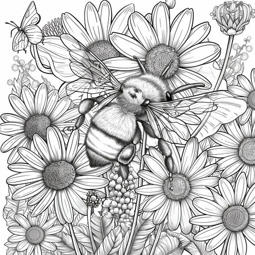 A bee pollinating a garden with various types of flowers