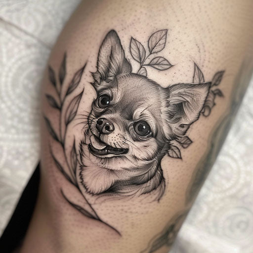 Black and gray portrait tattoo design of a beloved pet