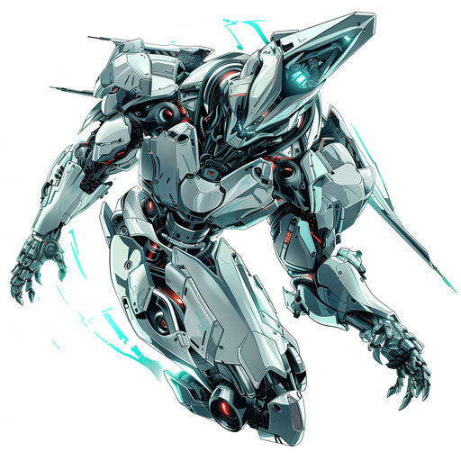 Sci-fi anime robot in battle pose with metallic and neon details on white background
