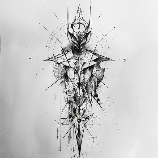 Abstract tattoo sketch blending Dark Souls motifs in a flat, geometric design with sharp black lines