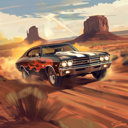 1969 Chevrolet Chevelle SS hotrod with flames, racing in desert
