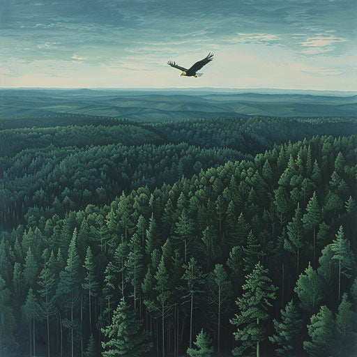 Bald eagle soaring above vast undisturbed forest landscape
