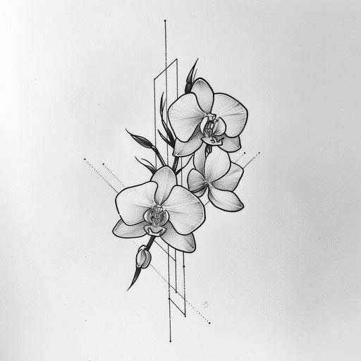 Art deco small orchid flower tattoo drawing, with geometric shapes on white
