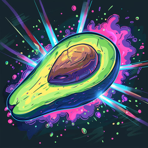 Flat tattoo sketch of a neon avocado with laser beams shooting out