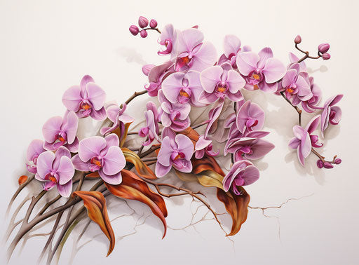 Realistic orchid in light magenta and amber on white background