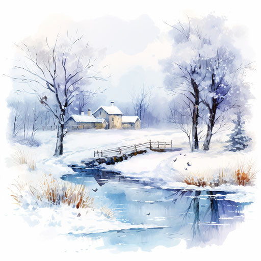 Winter illustration in the style of oil painting, on white background