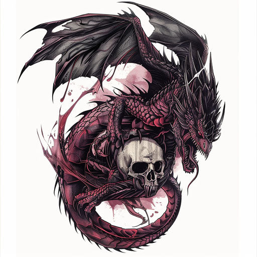 Dragon and skull in a dark fantasy tattoo design