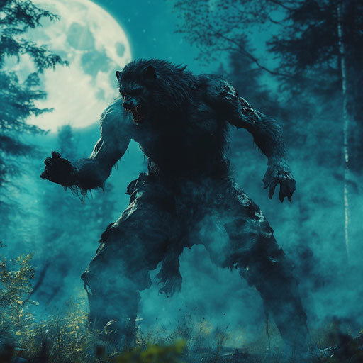 Werewolf under the moon, tattered clothes, dynamic pose