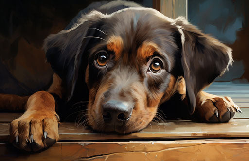 Canine sorrow on the dark floor