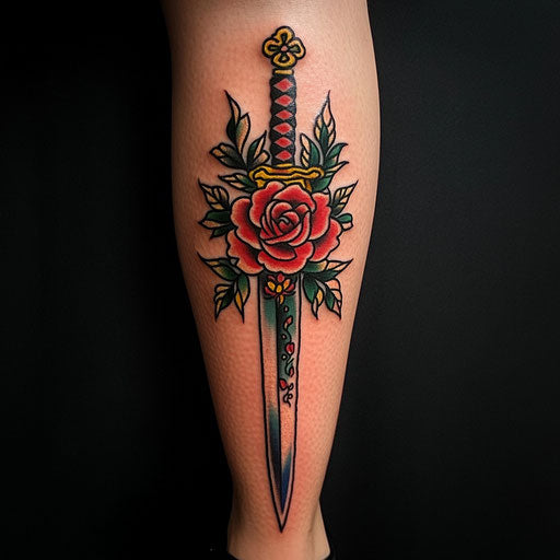 Shin tattoo with a classic rose and dagger