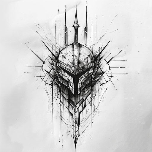 Abstract tattoo sketch blending Dark Souls motifs in flat, geometric design with sharp black lines