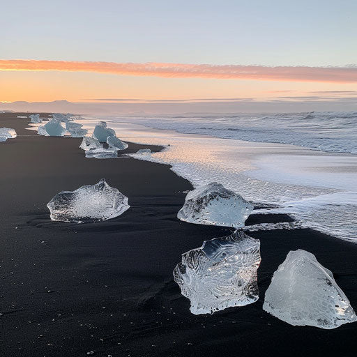 Diamond Beach, Iceland at sunrise with icebergs glittering on the black sand