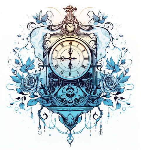 Clock tattoo with alchemical symbols and subtle light
