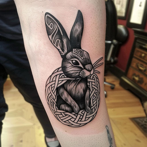 Cultural flat tattoo sketch of a black rabbit with traditional Celtic knots