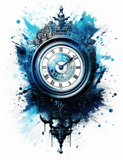 Digital tattoo design and clock on white background