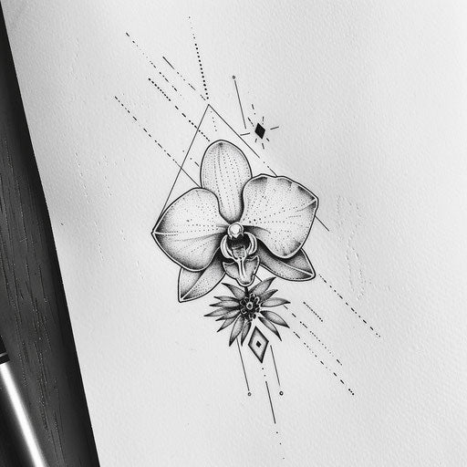 Art deco style small orchid flower tattoo drawing, with geometric shapes on white