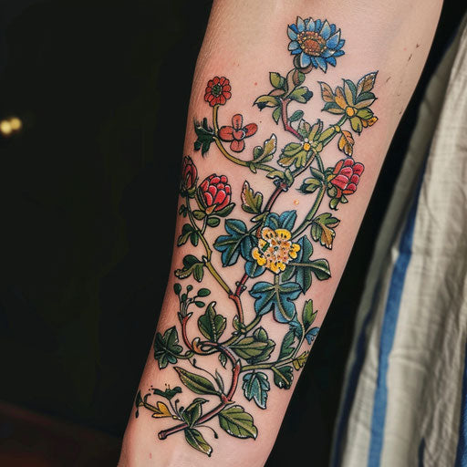 Botanical-themed family tattoo with intertwined vines and flowers