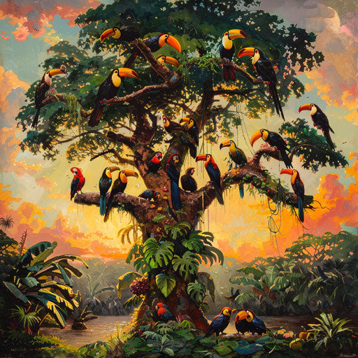Toucan and macaws on fruit tree under Amazonian sunrise sky