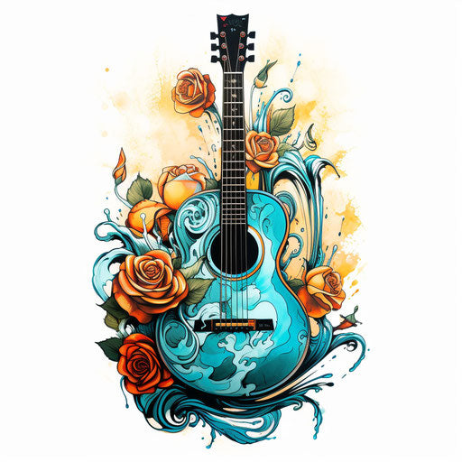 Guitar on rose background, tattoo style, turquoise and amber