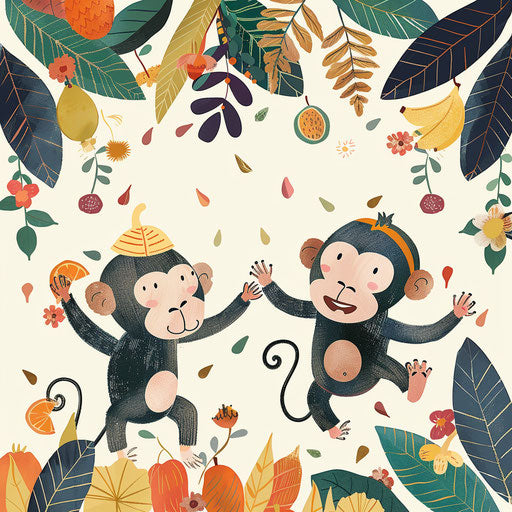 Monkeys hosting a costume party with festive decorations