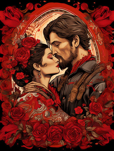 A tattoo of a couple kissing on red background