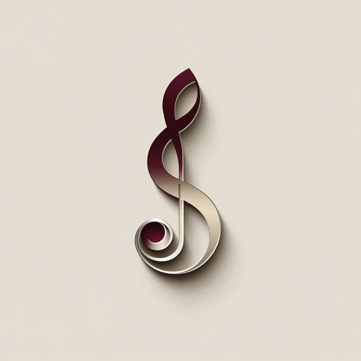 Professional music logo with intertwined treble and bass clef icon and sleek typography, in burgundy and silver, on flat beige background.