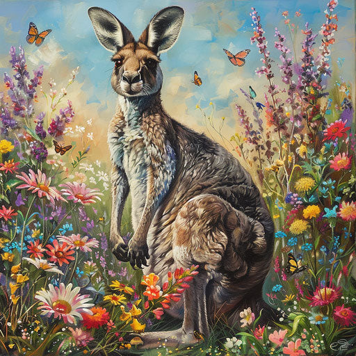Western grey kangaroo by blooming wild bush