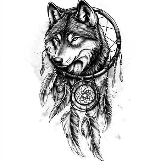 Wolf with dreamcatcher and feathers: flat tattoo sketch