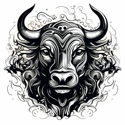 Zodiac bull in black and white, tribal abstraction style