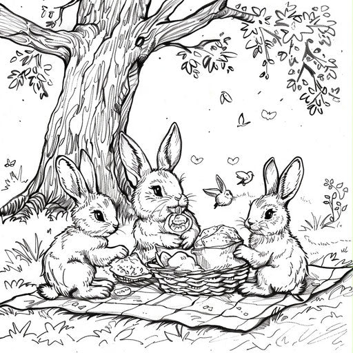 A family of bunnies enjoying a picnic under a tree
