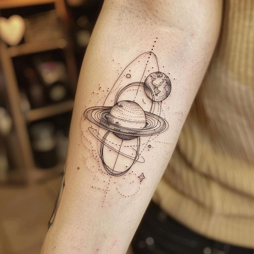Romantic tattoo sketch of two planets close together with heart-shaped orbits
