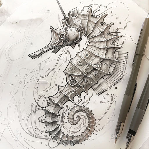 Futuristic seahorse tattoo sketch with metallic shades and circuit lines