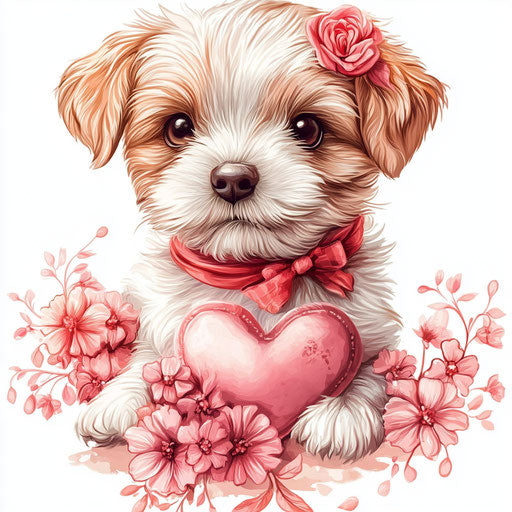 Cute puppy with flowers and heart, pink vinyl decal