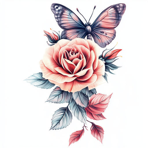 Mother tattoo with rose and butterfly on white background