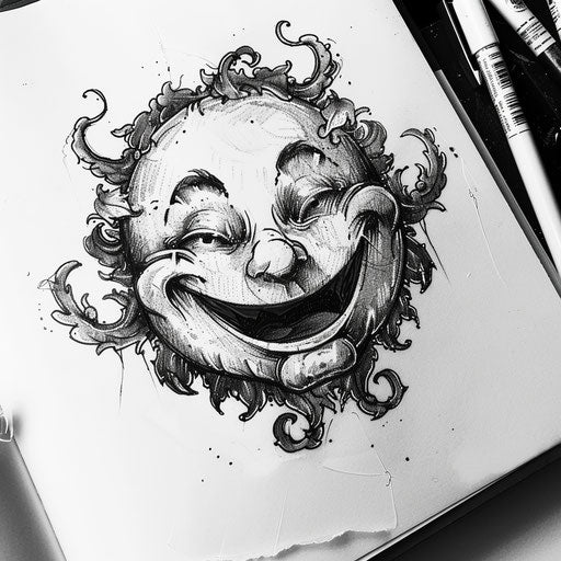 Detailed vintage-inspired smiley face tattoo sketch on white background