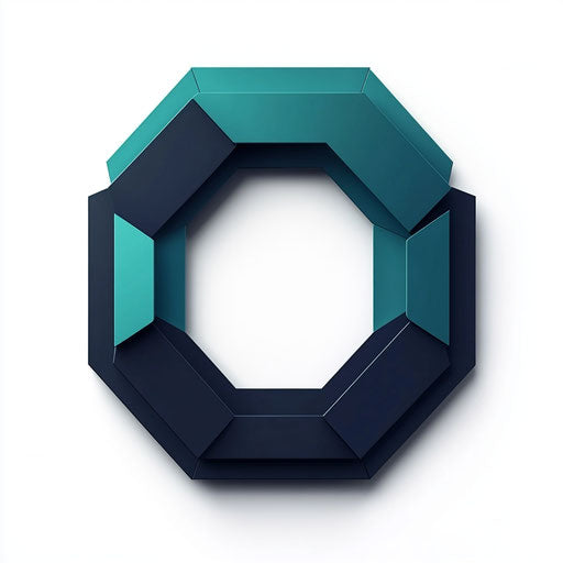 Sophisticated 3D logo with a geometric layered hexagon icon and refined typography, in a harmonious teal and navy blue palette, isolated on a flat white background.